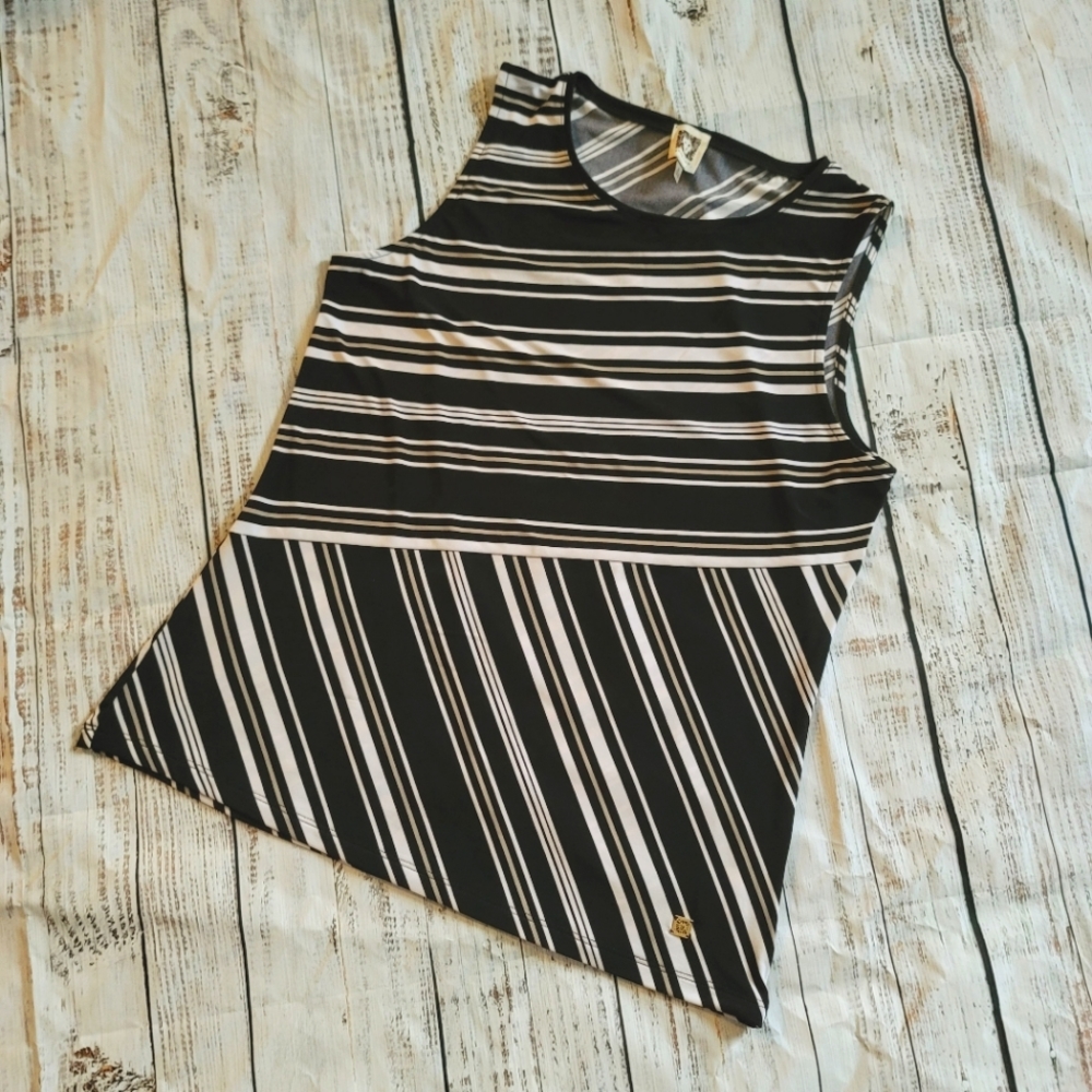 Anne Klein Black Tan Top Women Size M Diagonal Stripes